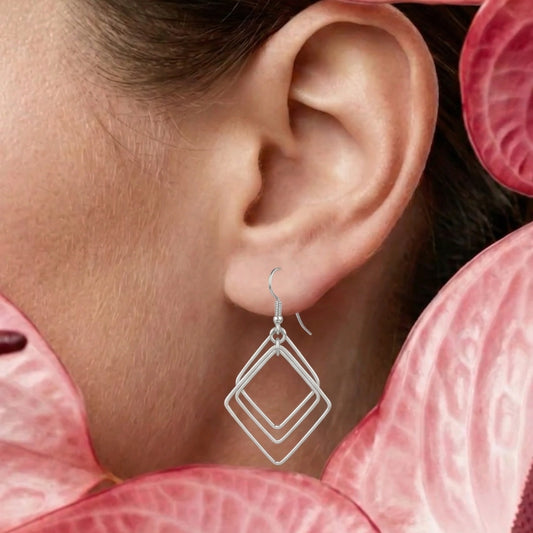 Silver Geometric Diamond Drop Earrings image 0