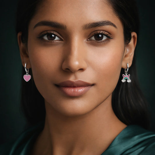 Pink Heart & Rainbow Charm Hoop Earrings image 1