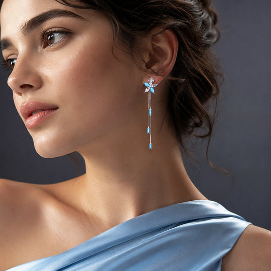 Aqua Bloom Long Drop Earrings