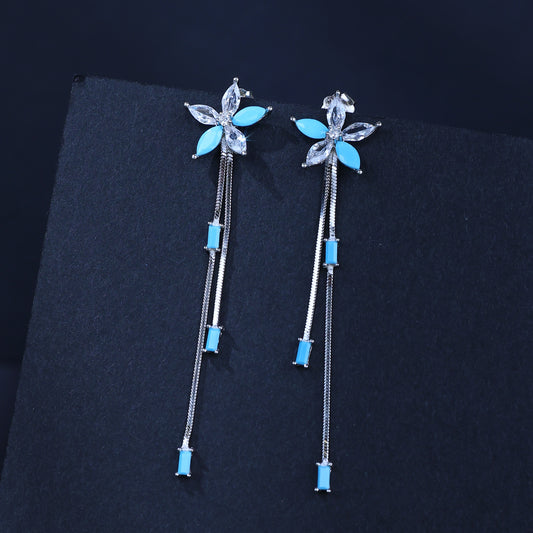 Aqua Bloom Long Drop Earrings