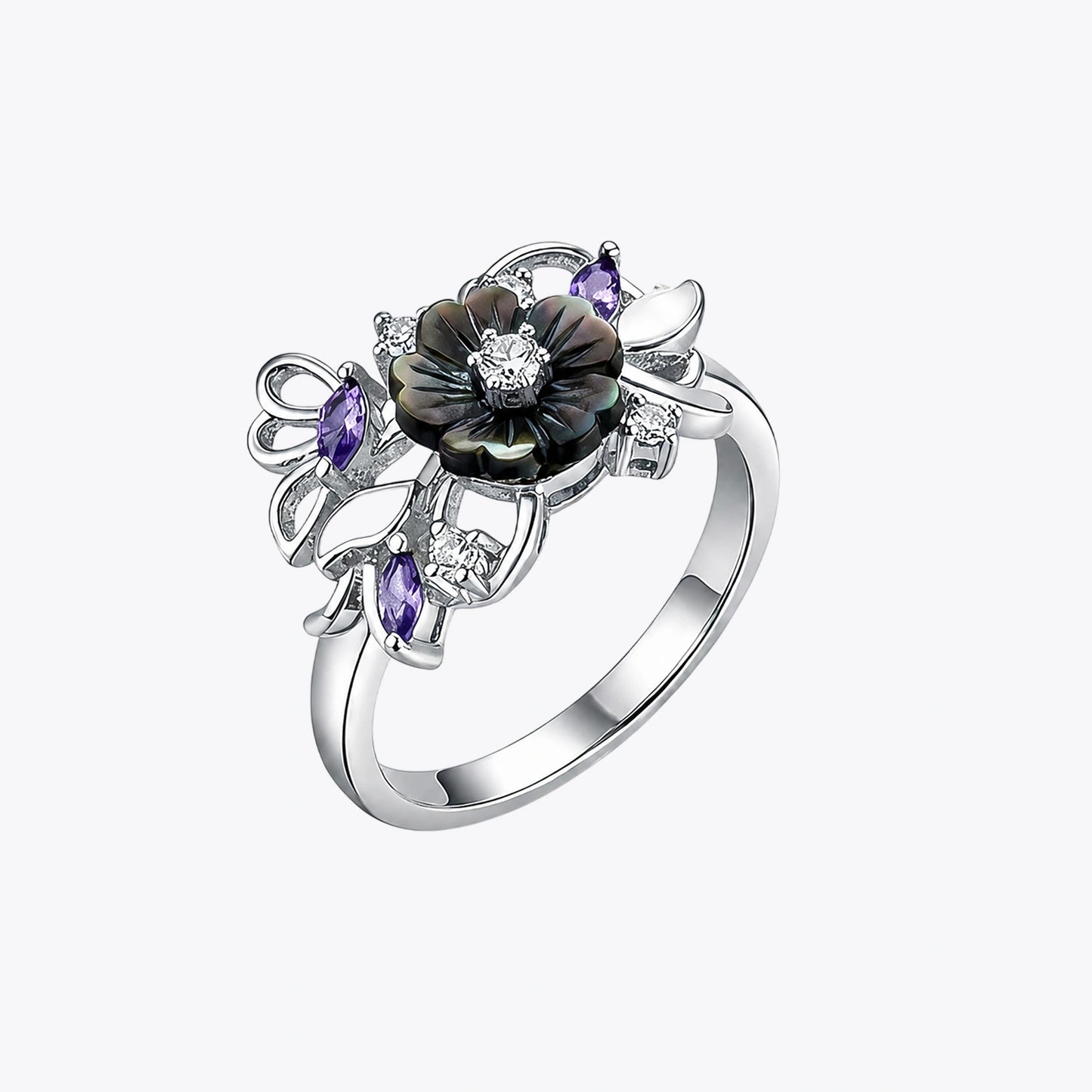 Midnight Bloom Silver Floral Ring image 2
