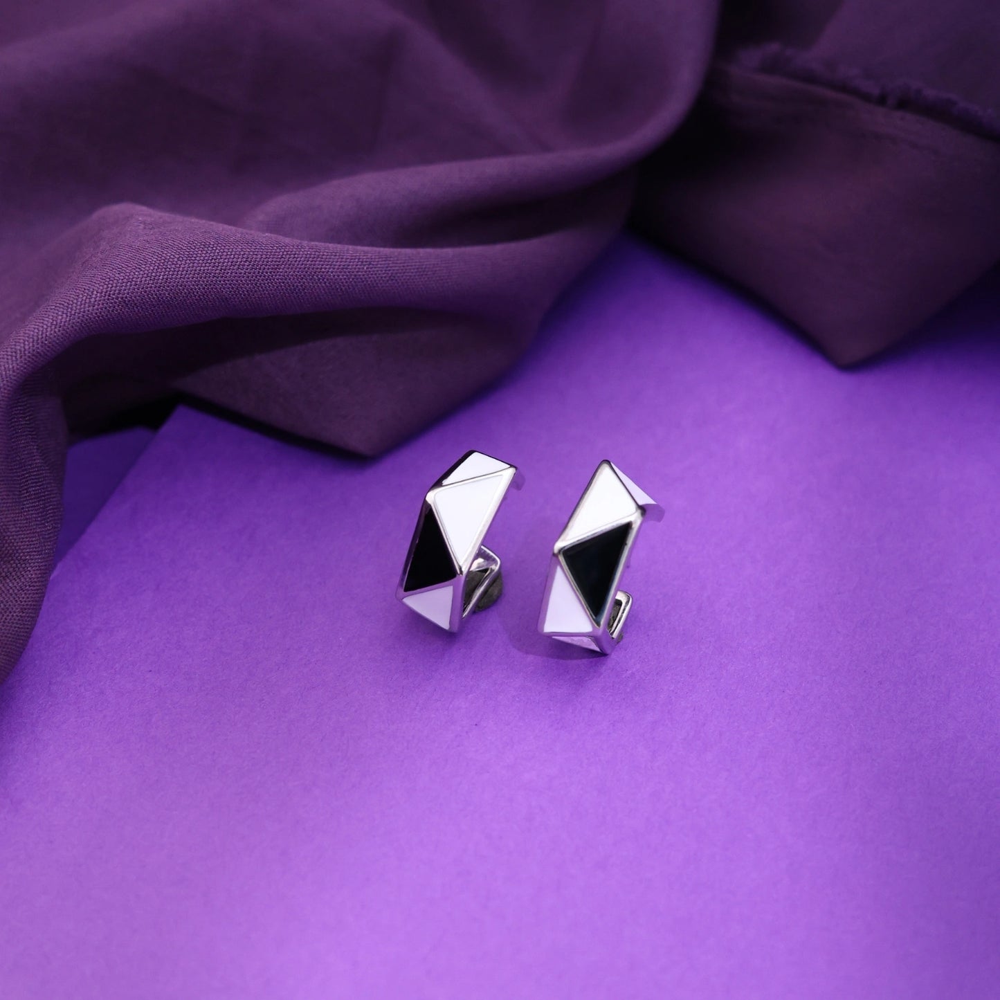 Geometric Black &amp; White Silver Hoop Earrings image 0