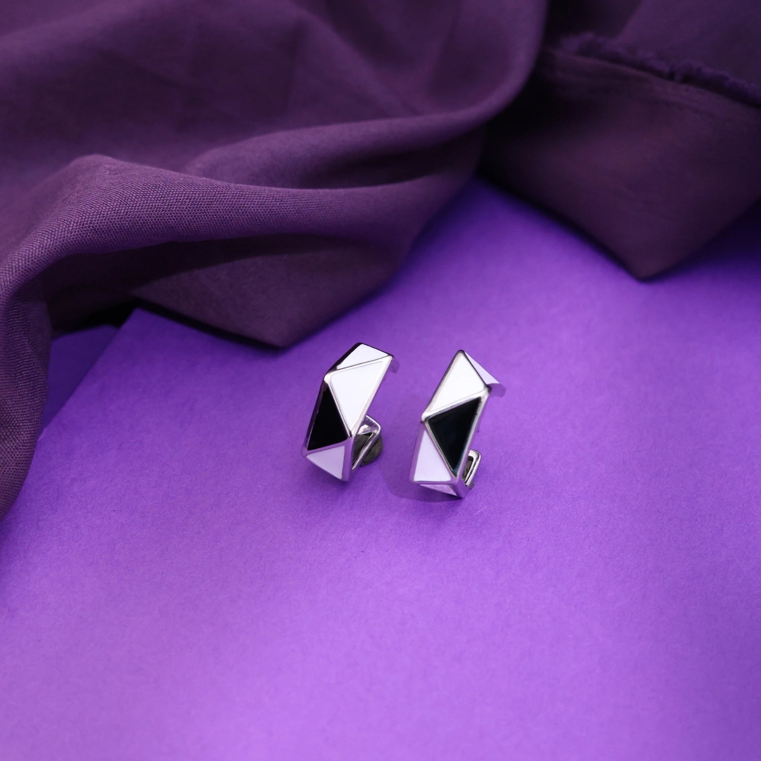 Geometric Black &amp; White Silver Hoop Earrings image 0