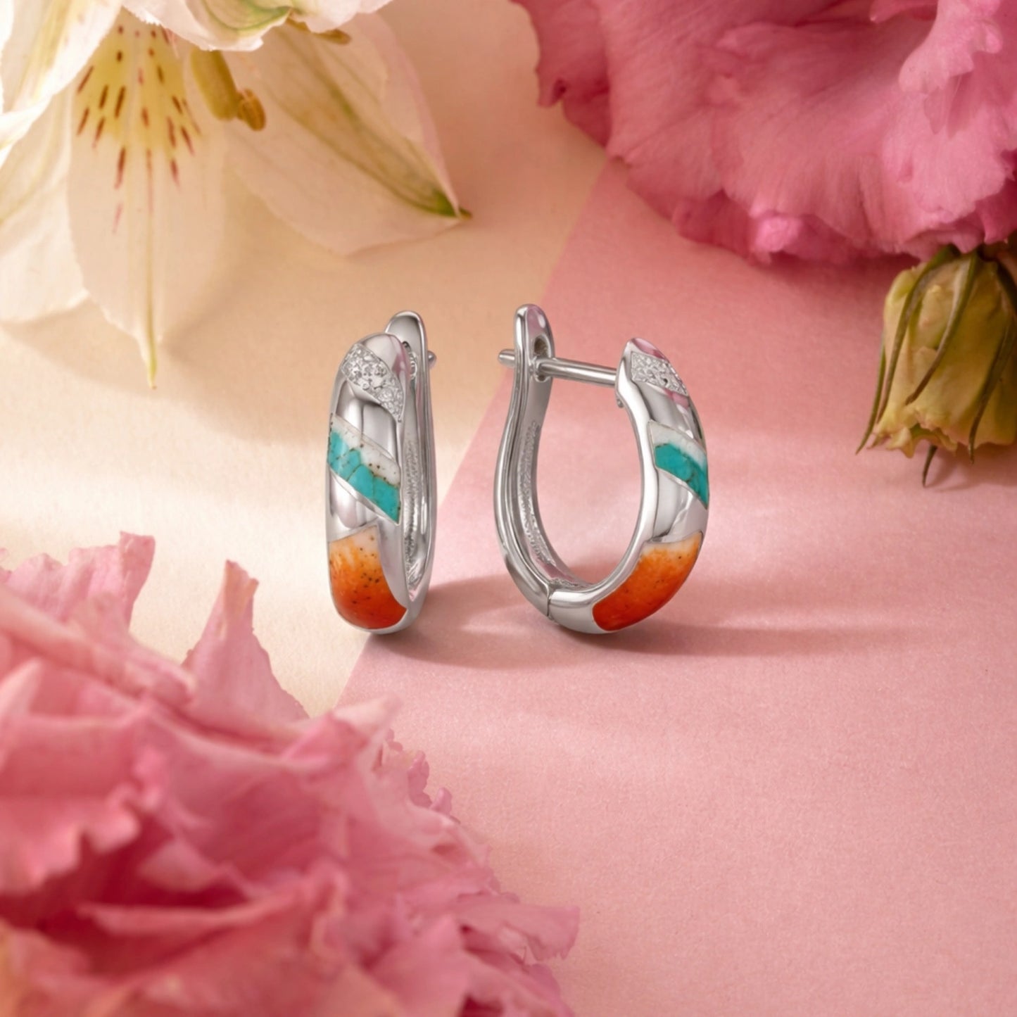 Turquoise Sunset Silver Hoop Earrings image 0