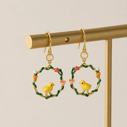 Golden Bird Garden Hoop Earrings image 0