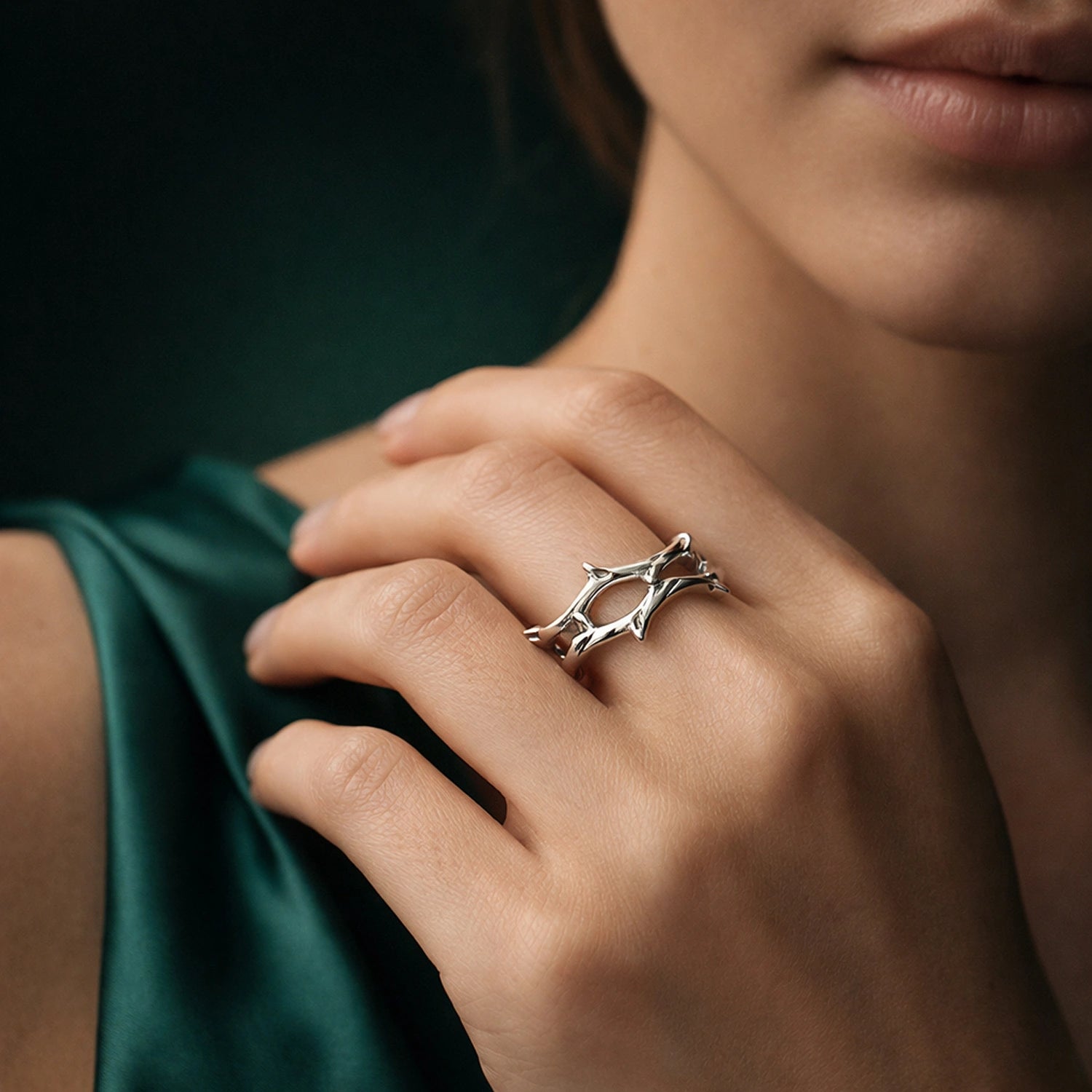 Silver Thorn Crown Open Ring image 1