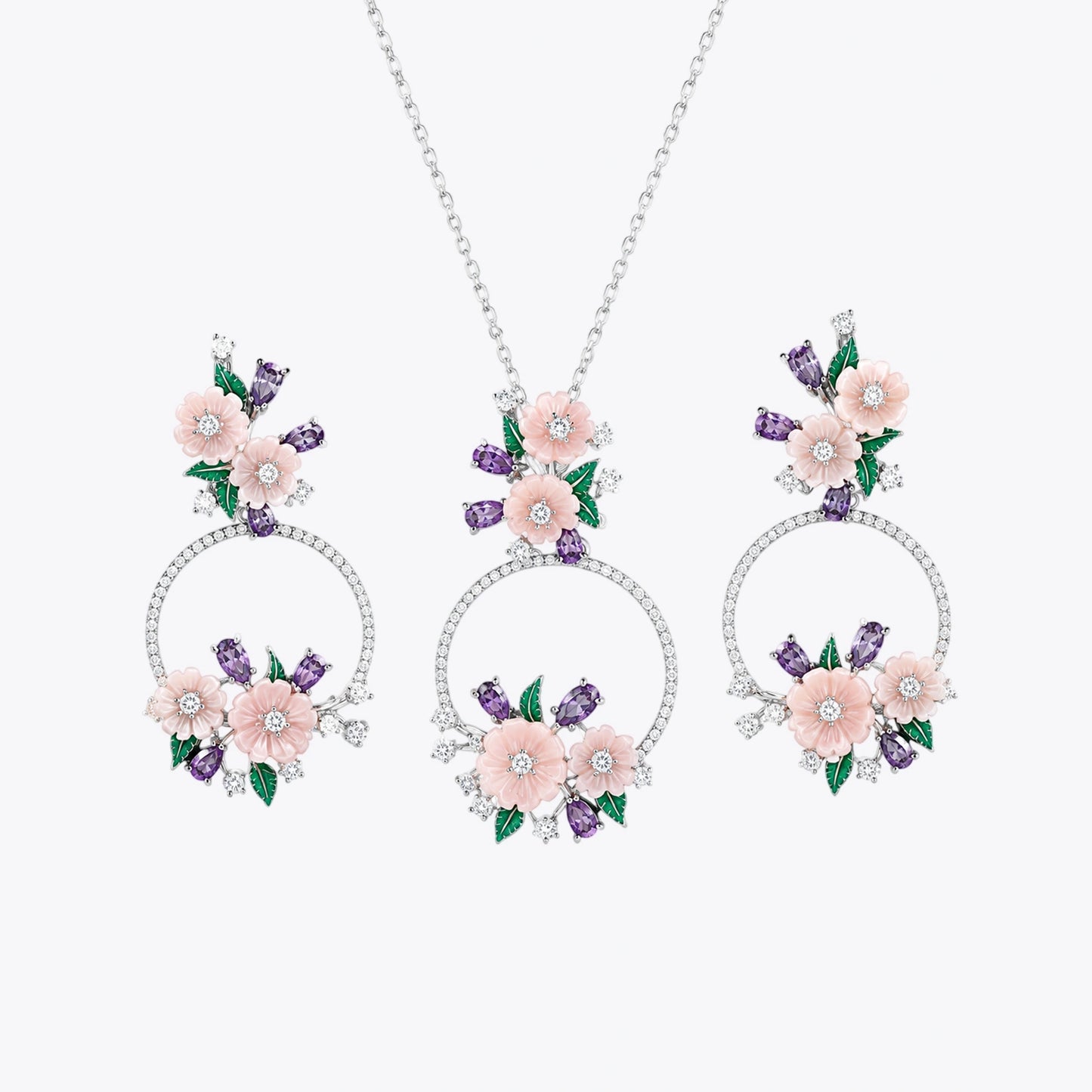 Peach Blossom Floral Silver Pendant Set with Earrings image 2
