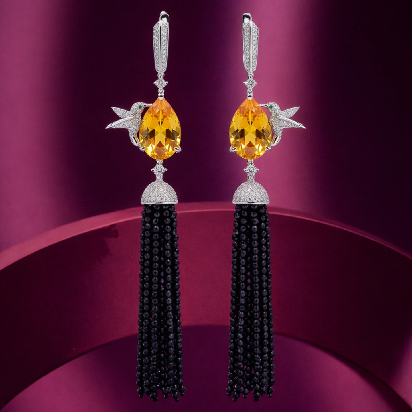Golden Teardrop Black Tassel Earrings image 0