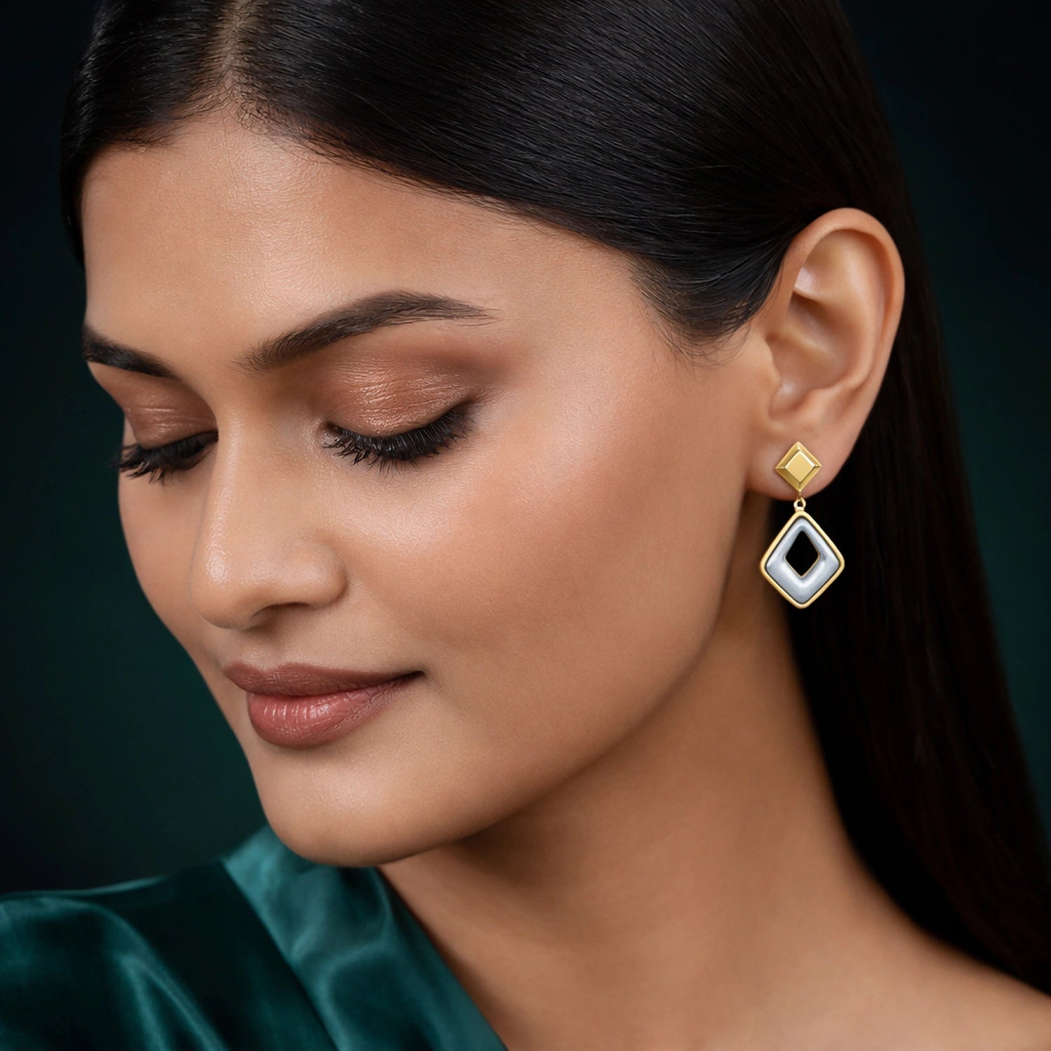 Dual-Tone Geometric Drop Earrings image 1