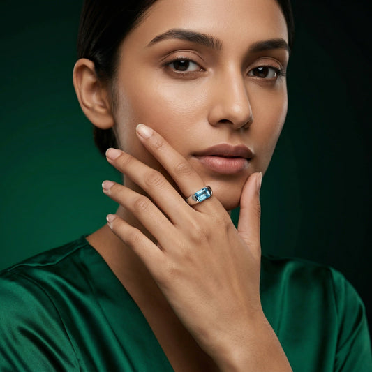 Luxe Emerald-Cut Gemstone Silver Ring – Blue, Ruby Red &amp; Golden Yellow Variations image 1