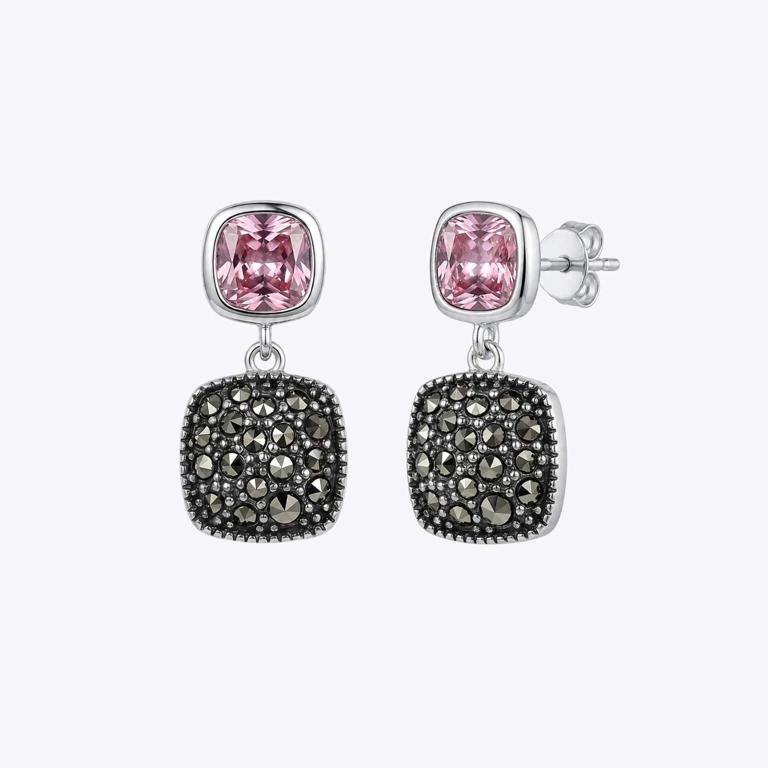 Pink Cushion Drop Marcasite Silver Earrings image 2