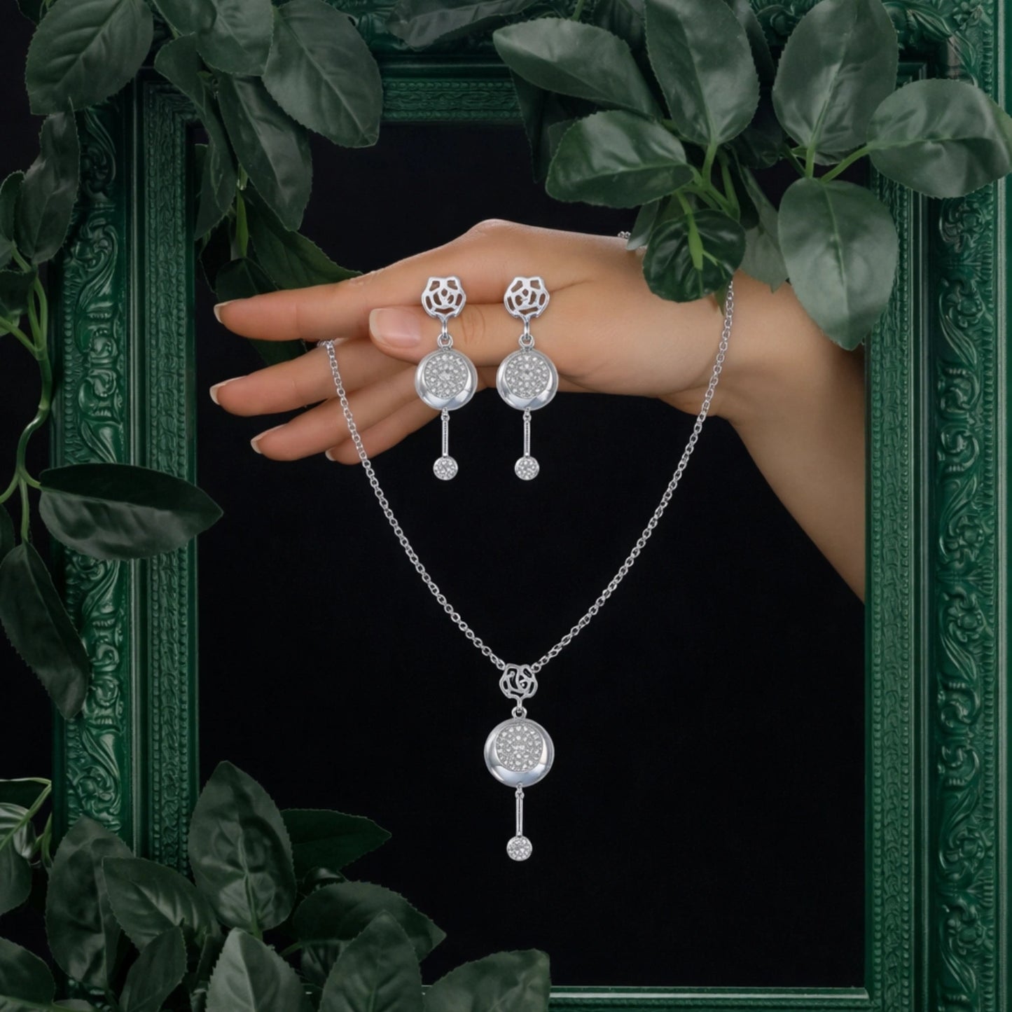 Rose Glow Round Drop Pendant &amp; Earrings Combo image 0