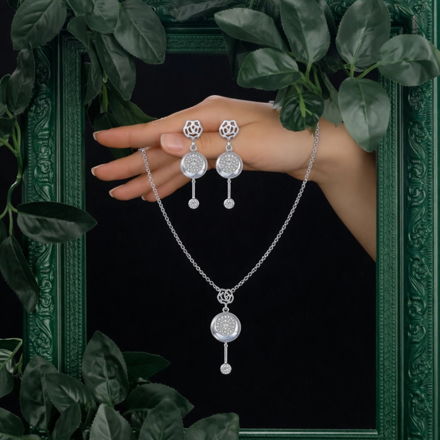 Rose Glow Round Drop Pendant &amp; Earrings Combo image 0