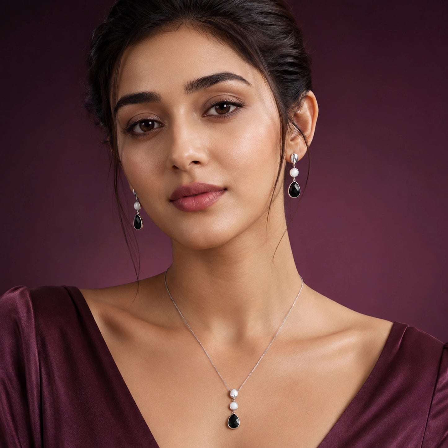Midnight Pearl Drop Necklace &amp; Earrings Combo image 1