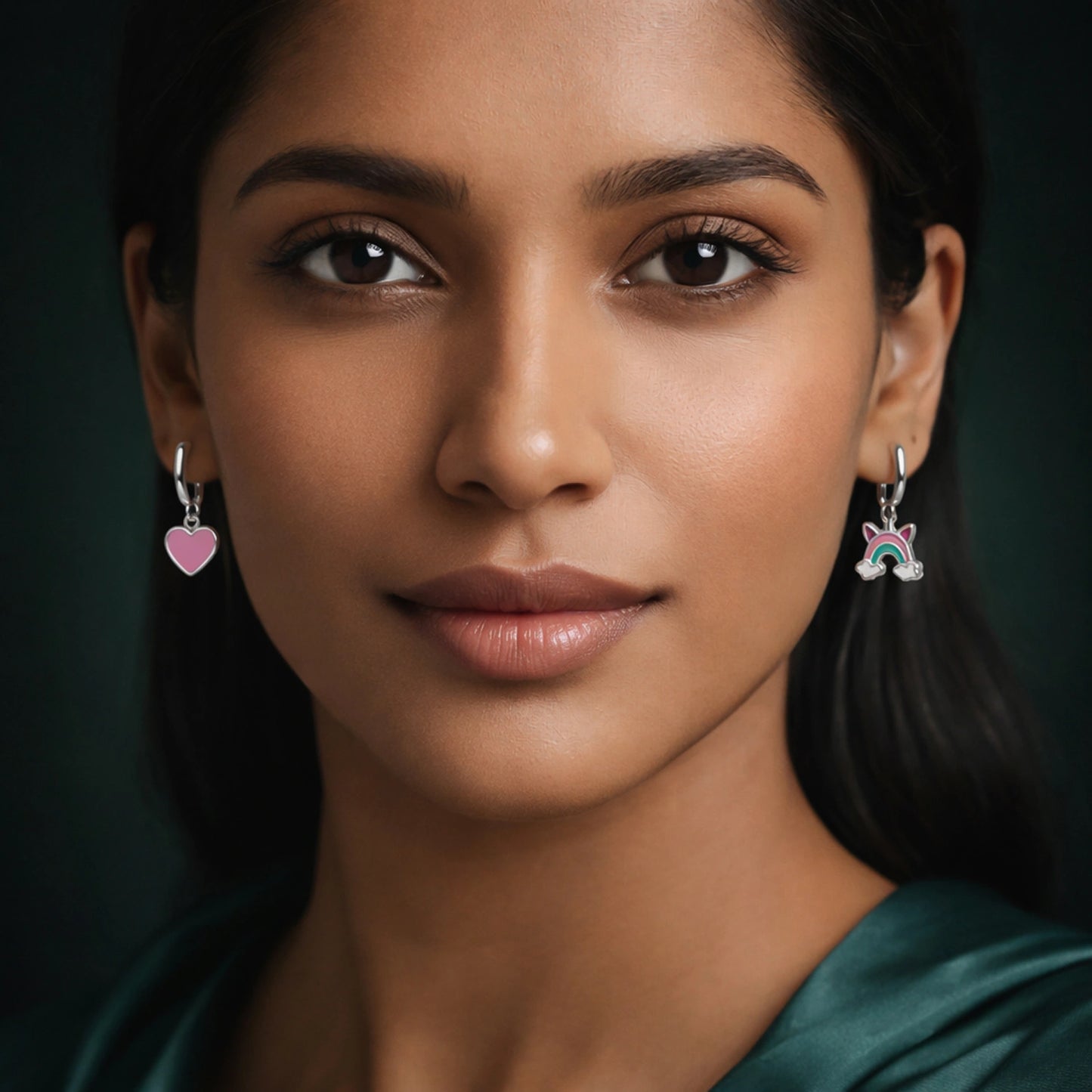Pink Heart &amp; Rainbow Charm Hoop Earrings image 1