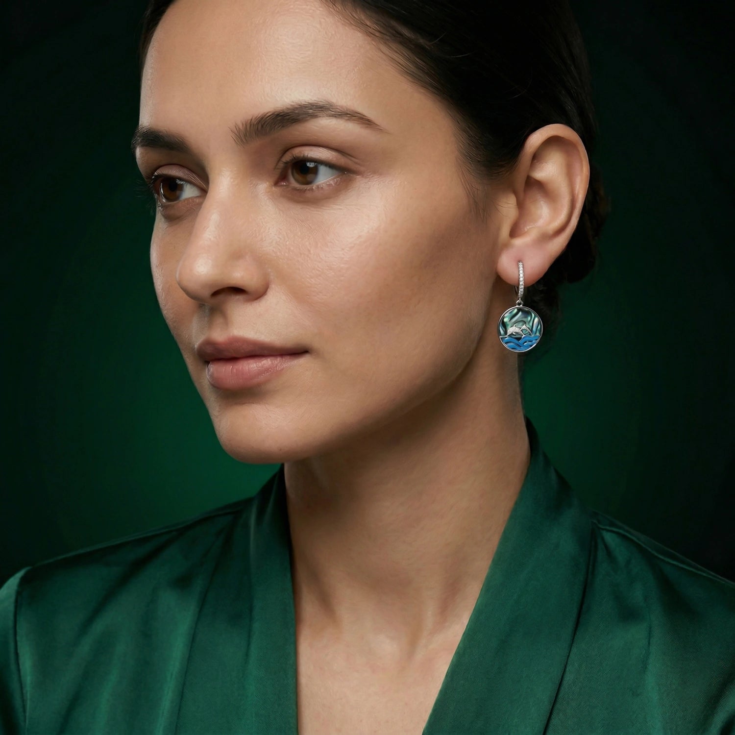 Ocean Dolphin Mother of Pearl Hoop Earrings image 1