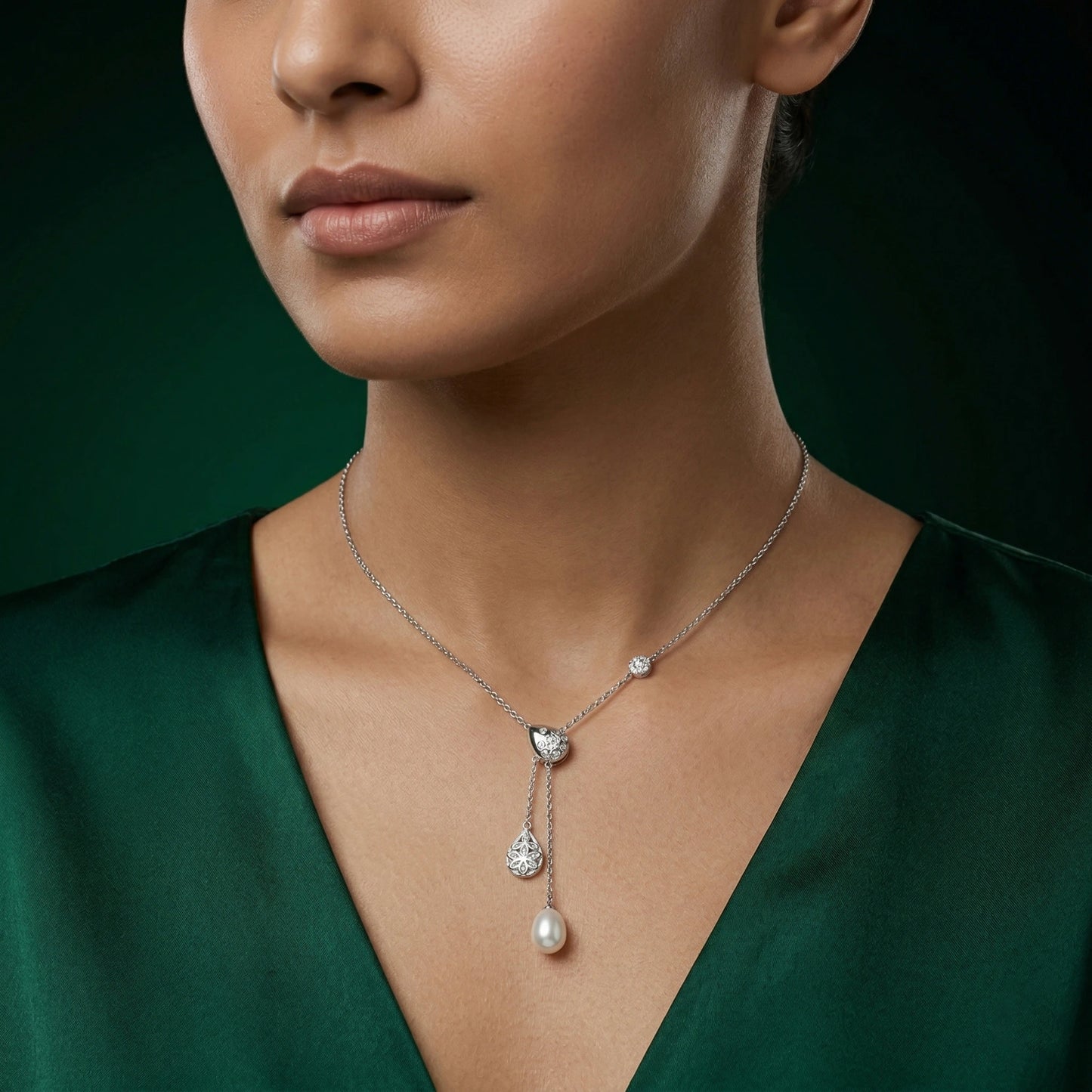 Pearl Drop Filigree Lariat Necklace image 1