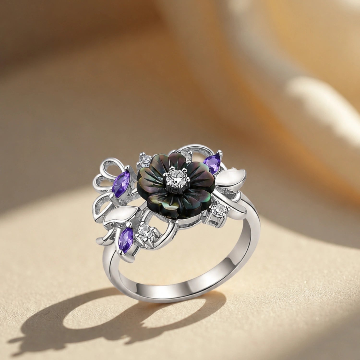 Midnight Bloom Silver Floral Ring image 0