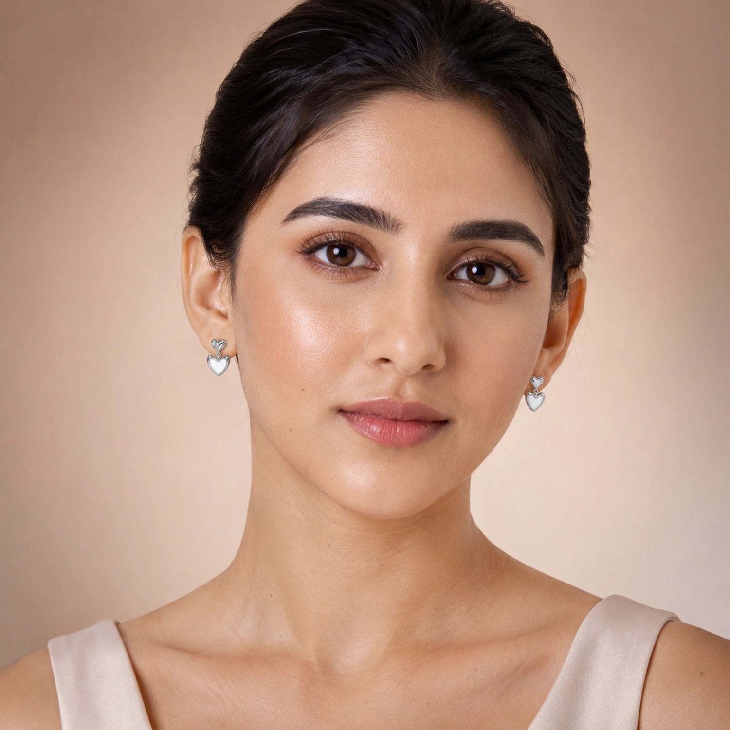 Silver Double Heart Drop Earrings image 1