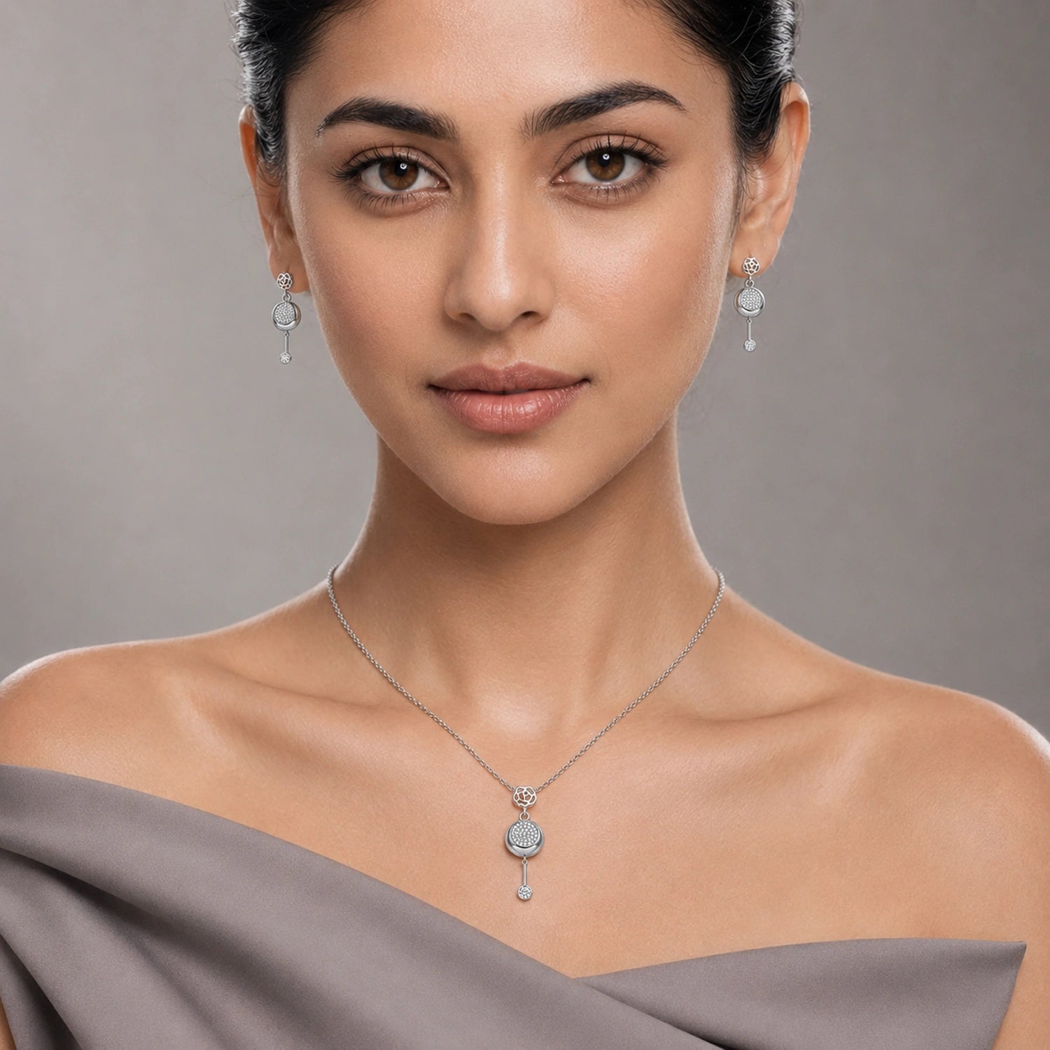 Rose Glow Round Drop Pendant &amp; Earrings Combo image 1