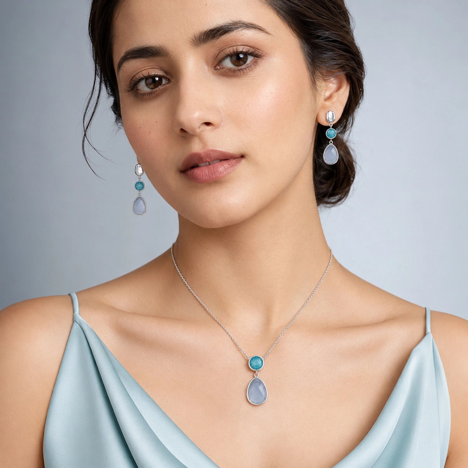Aqua Pearl Drop Necklace &amp; Earrings Combo image 1