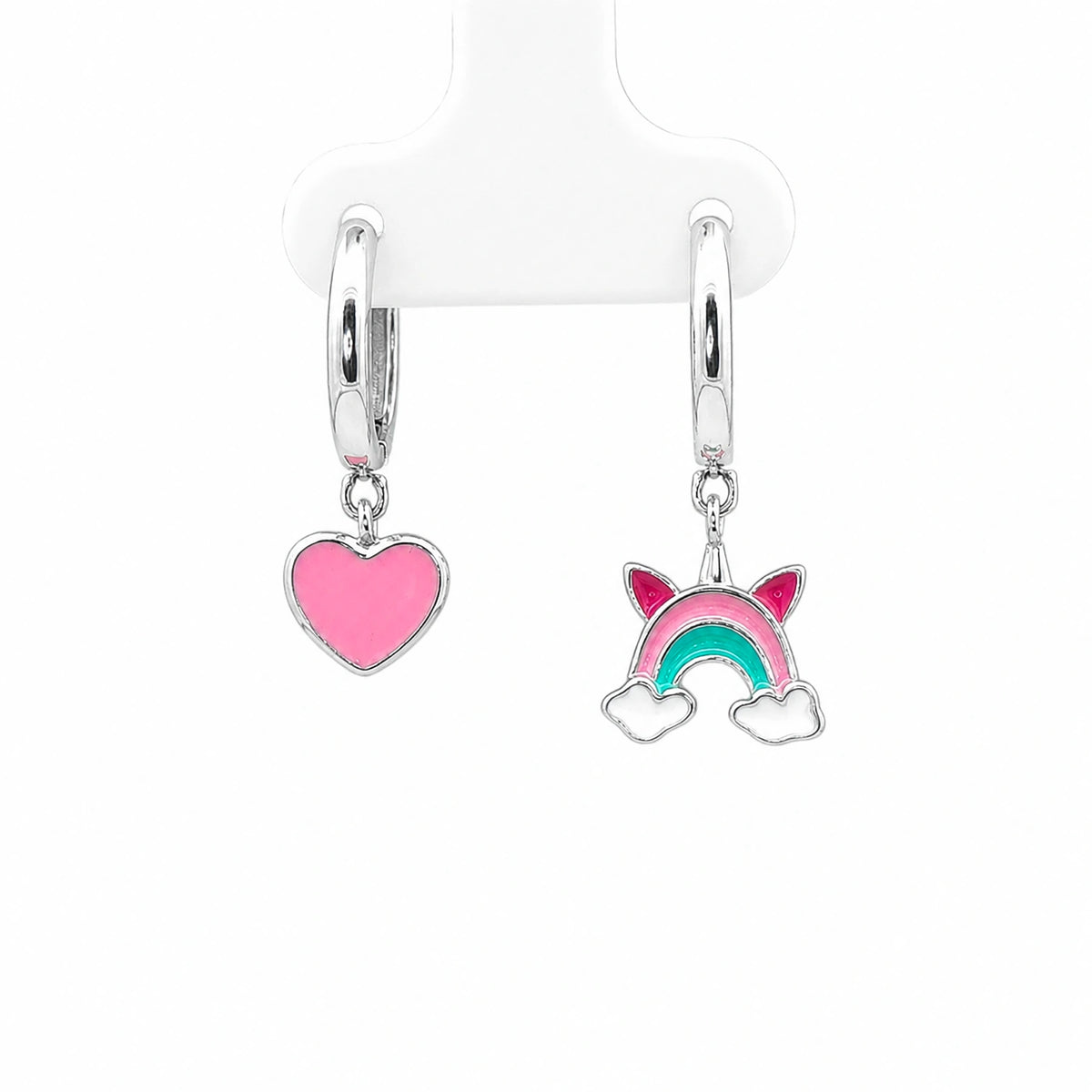 Pink Heart & Rainbow Charm Hoop Earrings