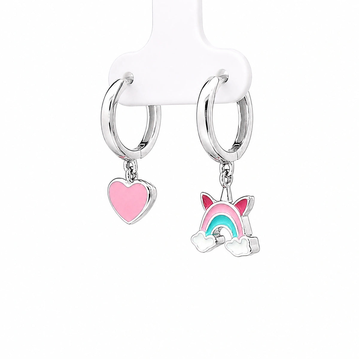 Pink Heart & Rainbow Charm Hoop Earrings