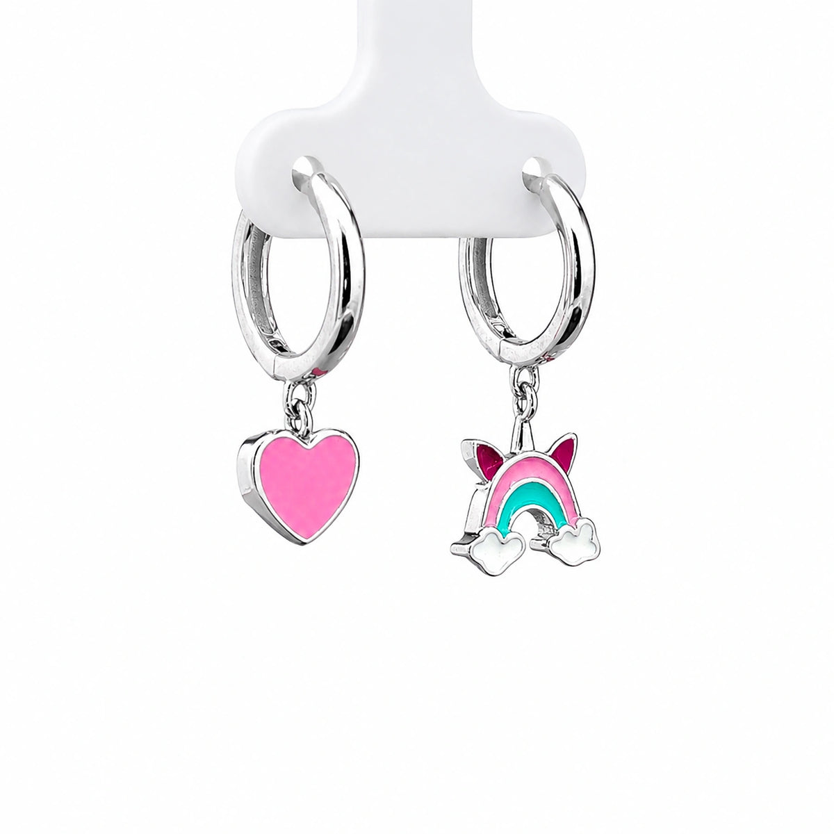 Pink Heart & Rainbow Charm Hoop Earrings