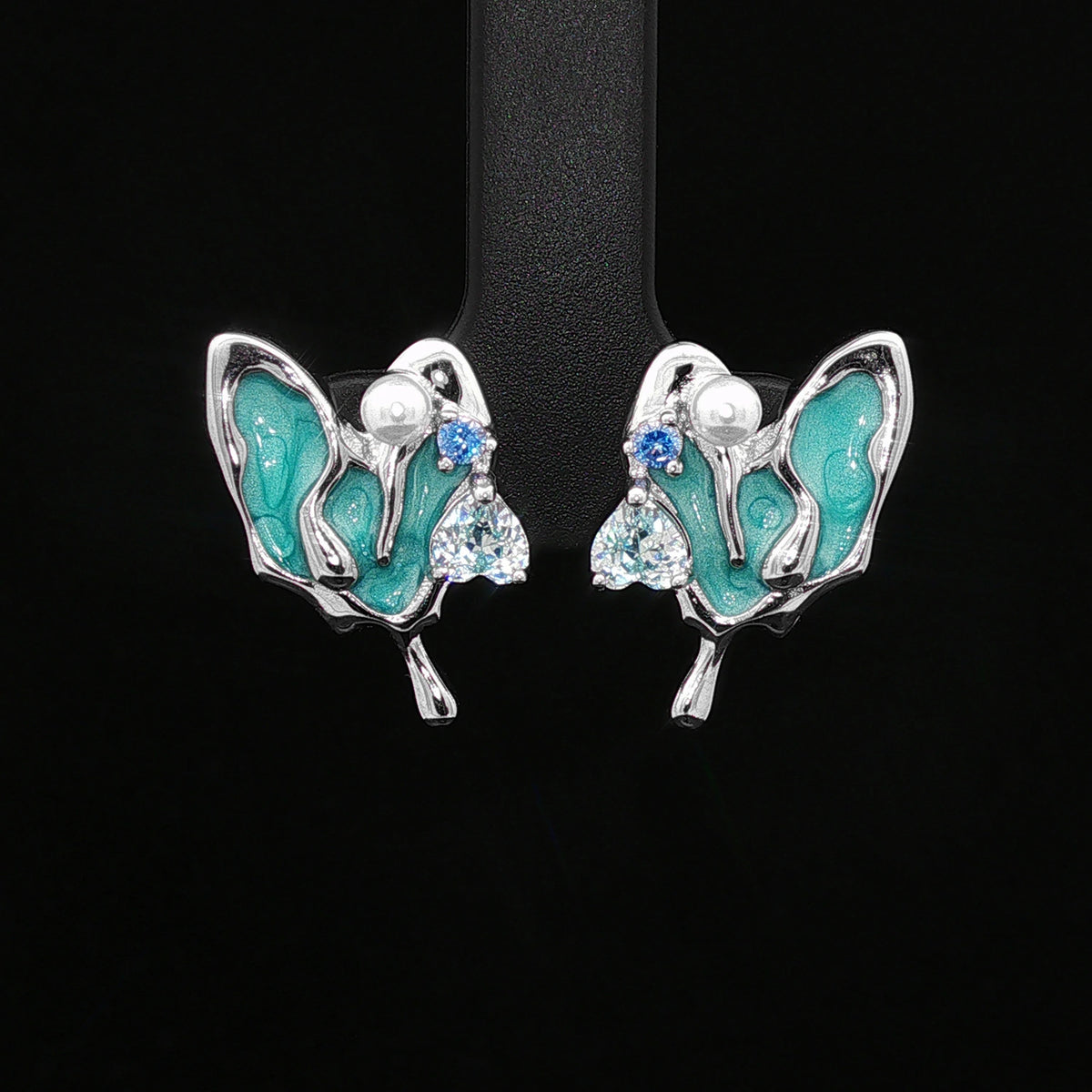 Aqua Butterfly Silver Stud Earrings