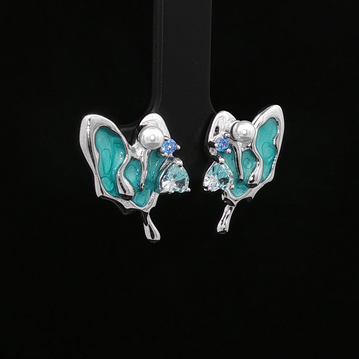 Aqua Butterfly Silver Stud Earrings