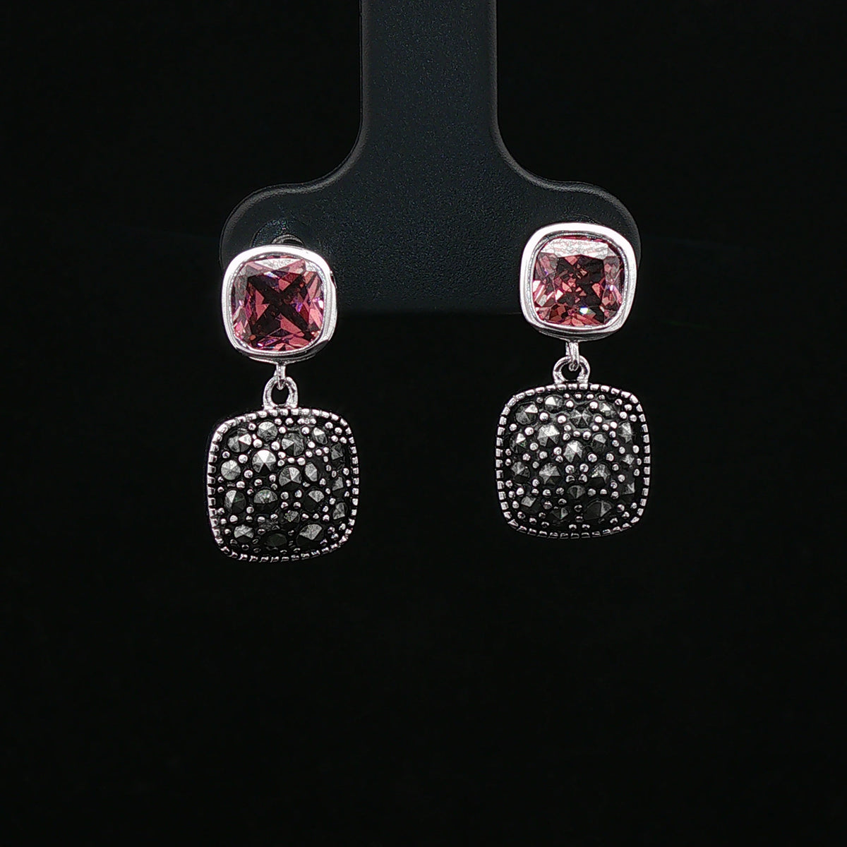 Pink Cushion Drop Marcasite Silver Earrings