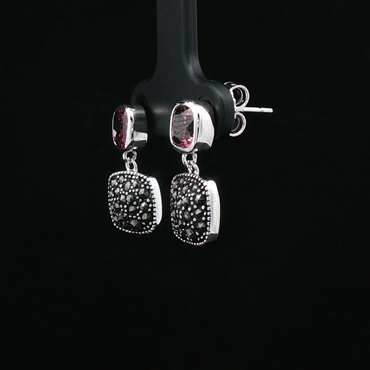 Pink Cushion Drop Marcasite Silver Earrings