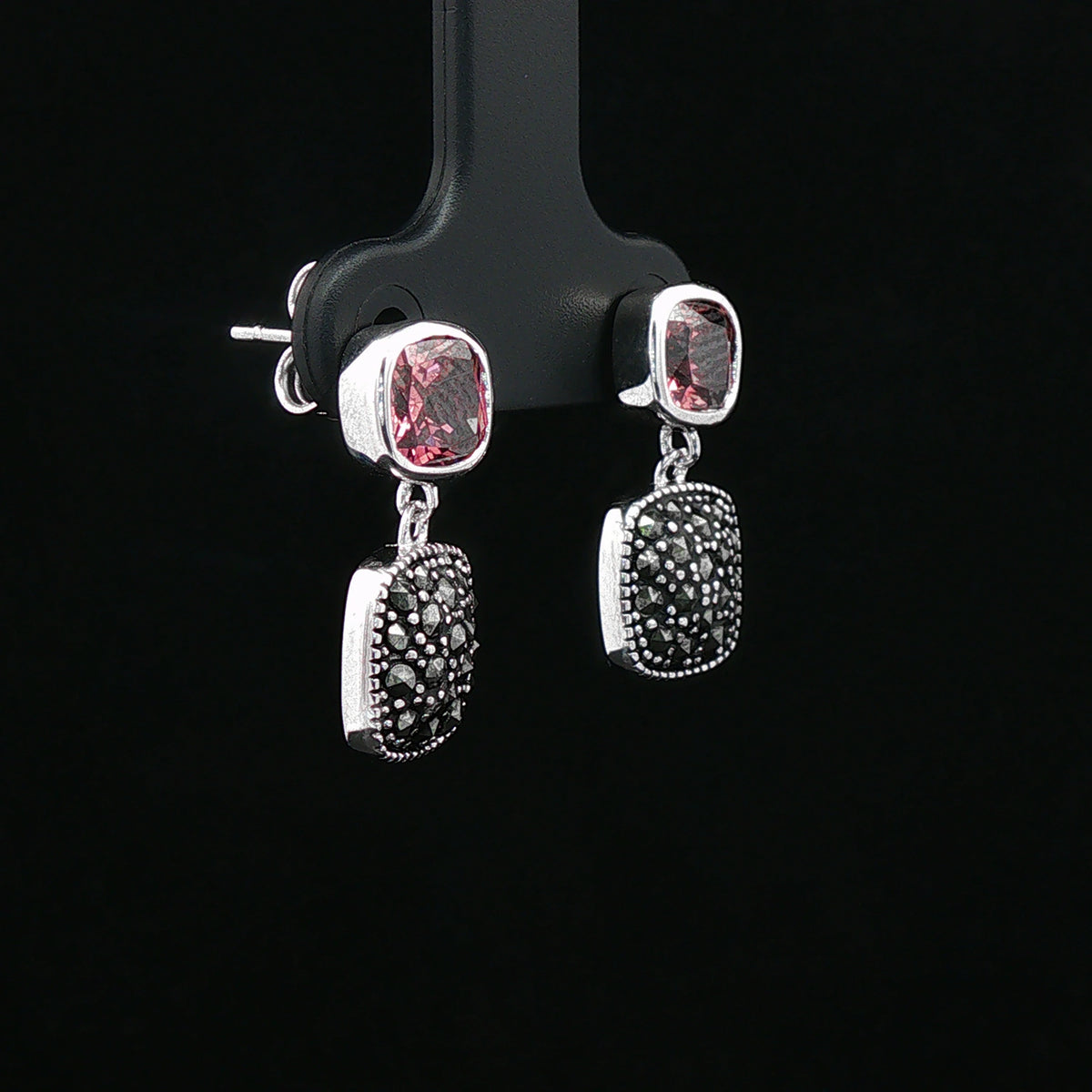 Pink Cushion Drop Marcasite Silver Earrings