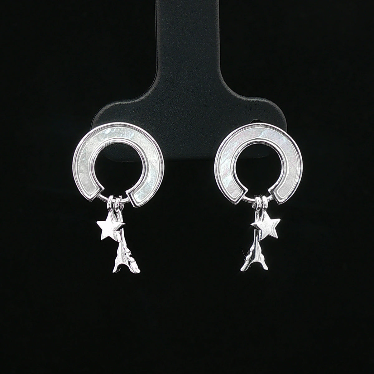 Silver Crescent Moon & Star Drop Earrings