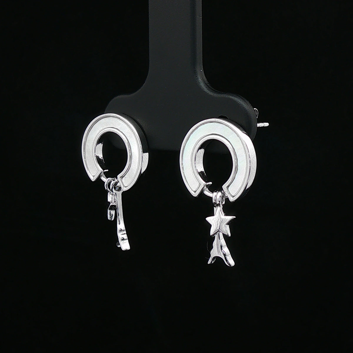 Silver Crescent Moon & Star Drop Earrings