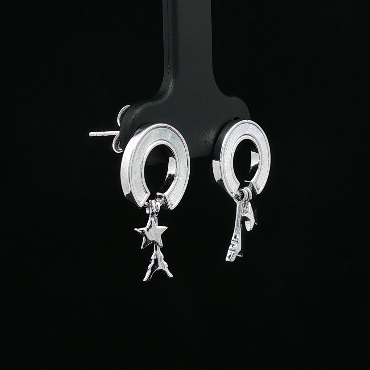 Silver Crescent Moon & Star Drop Earrings