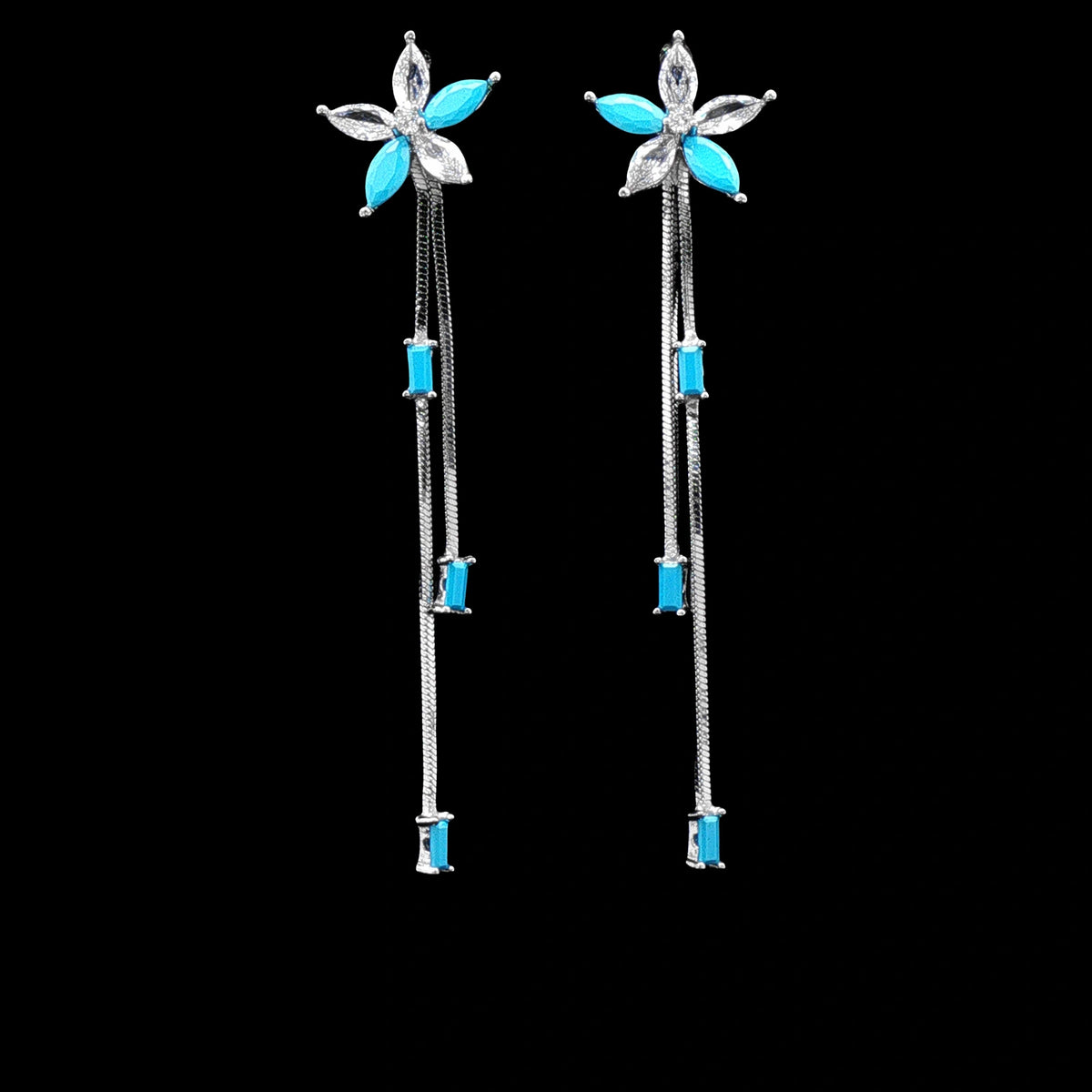 Aqua Bloom Long Drop Earrings