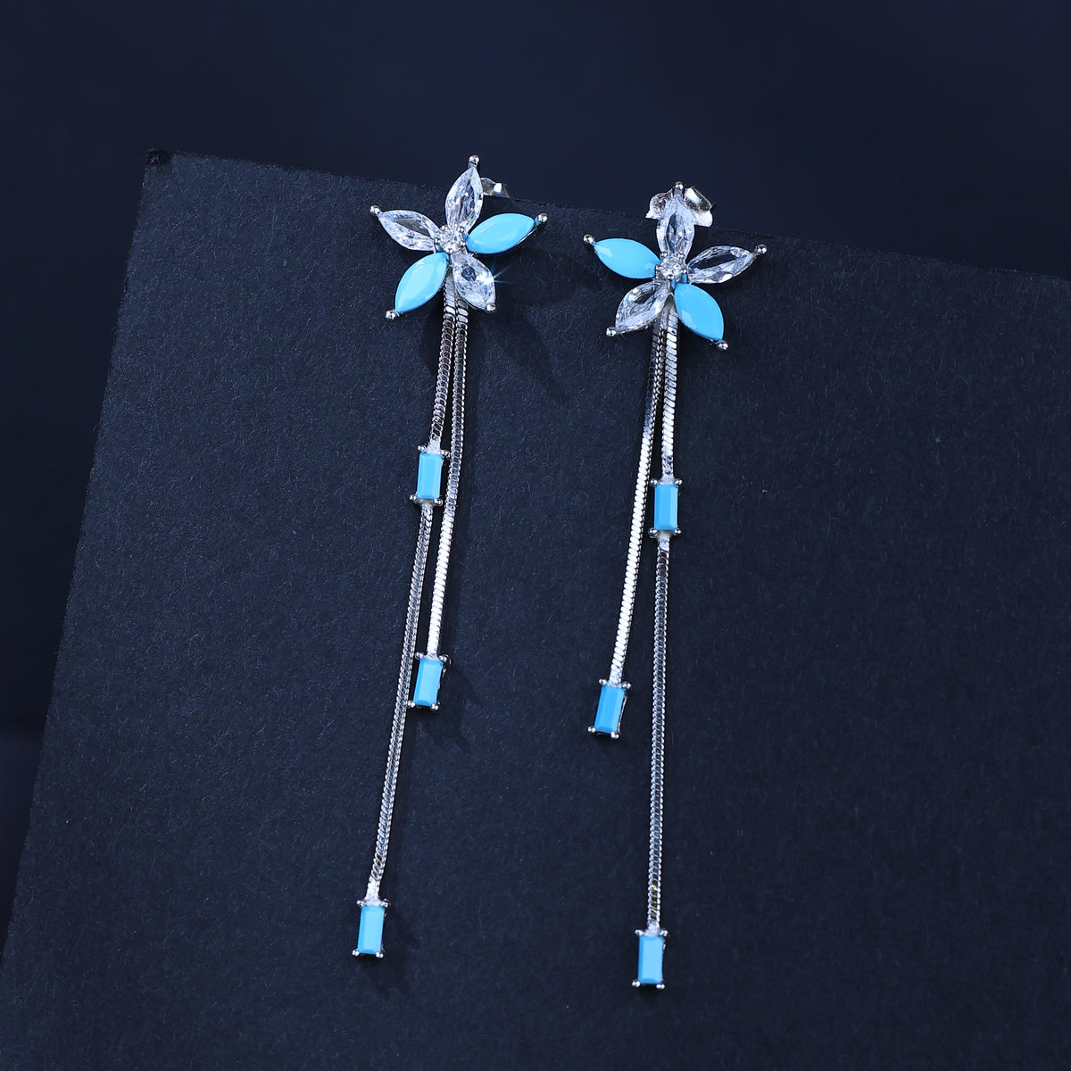 Aqua Bloom Long Drop Earrings