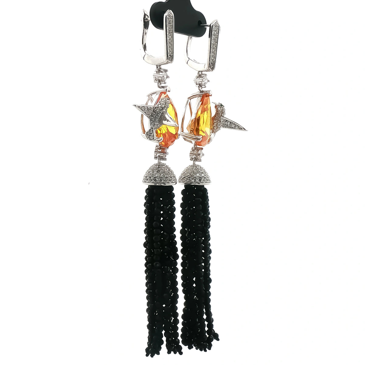 Golden Teardrop Black Tassel Earrings