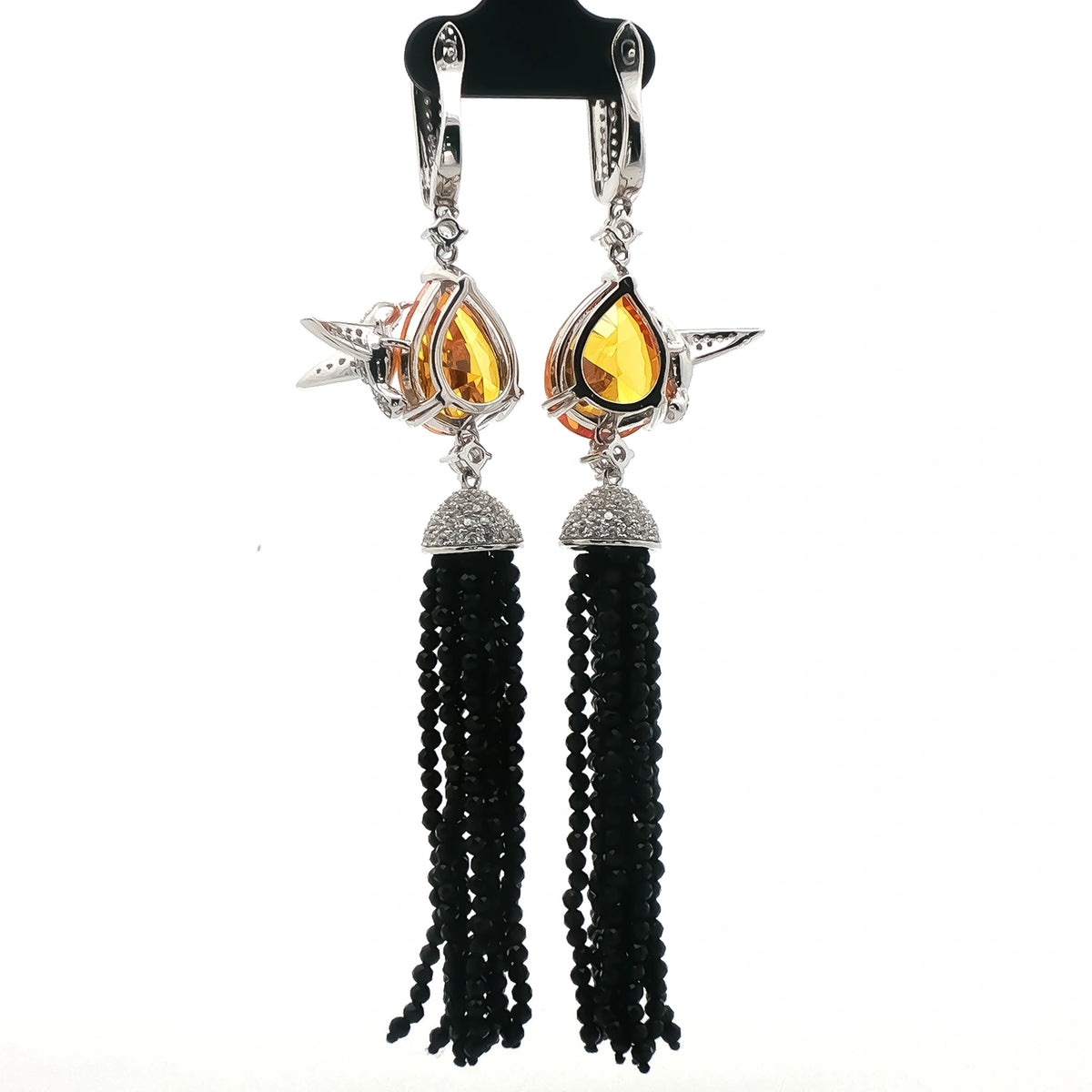 Golden Teardrop Black Tassel Earrings