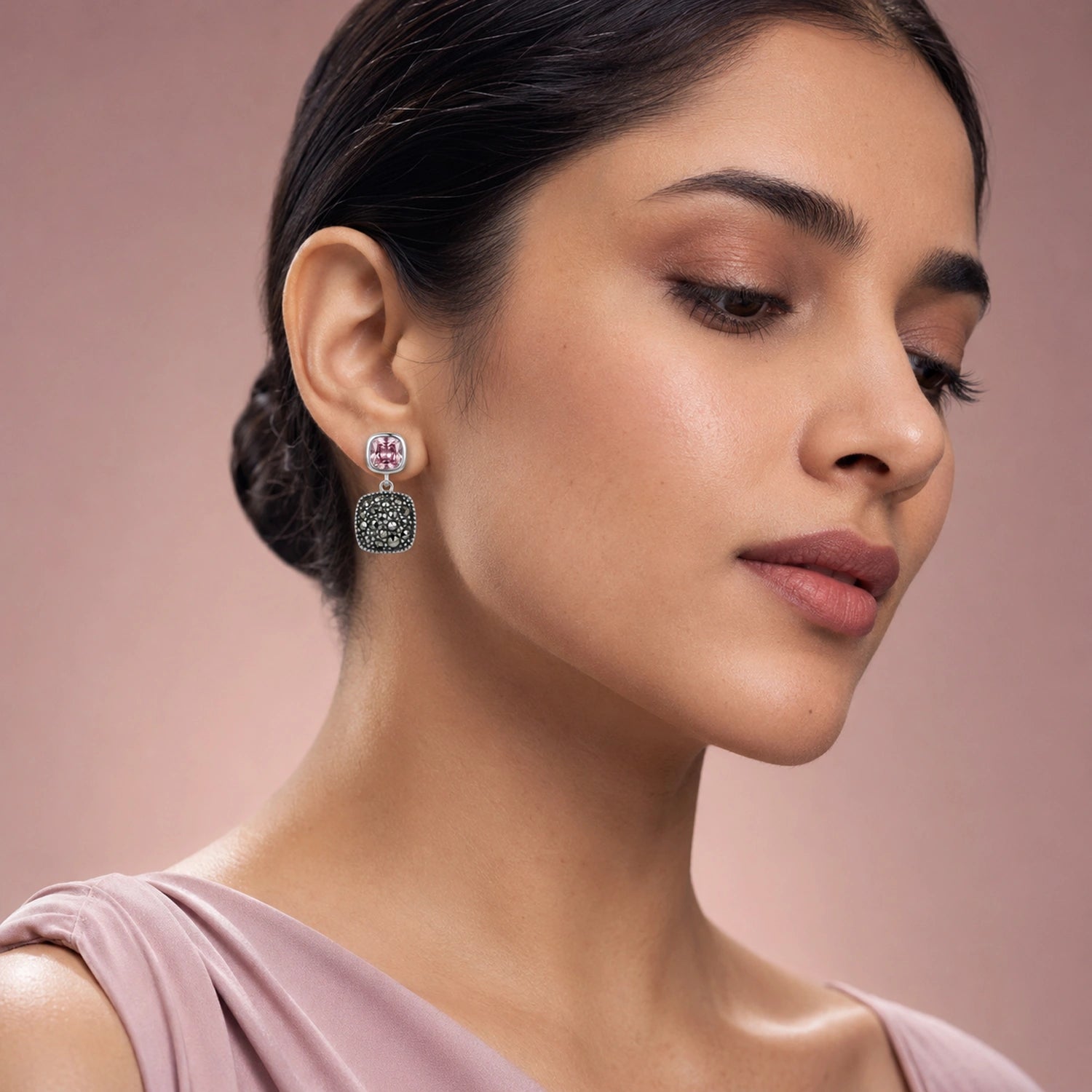 Pink Cushion Drop Marcasite Silver Earrings image 1