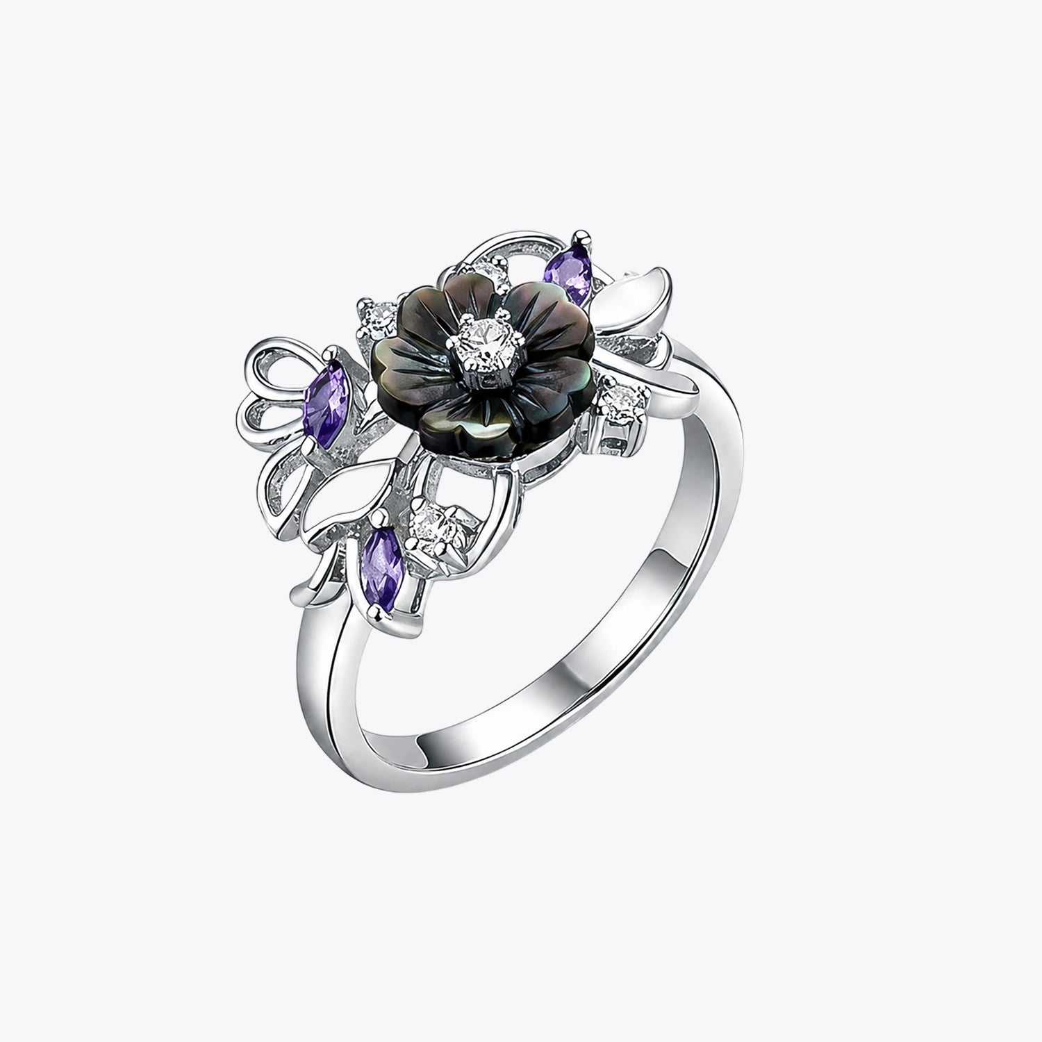 Midnight Bloom Silver Floral Ring image 2