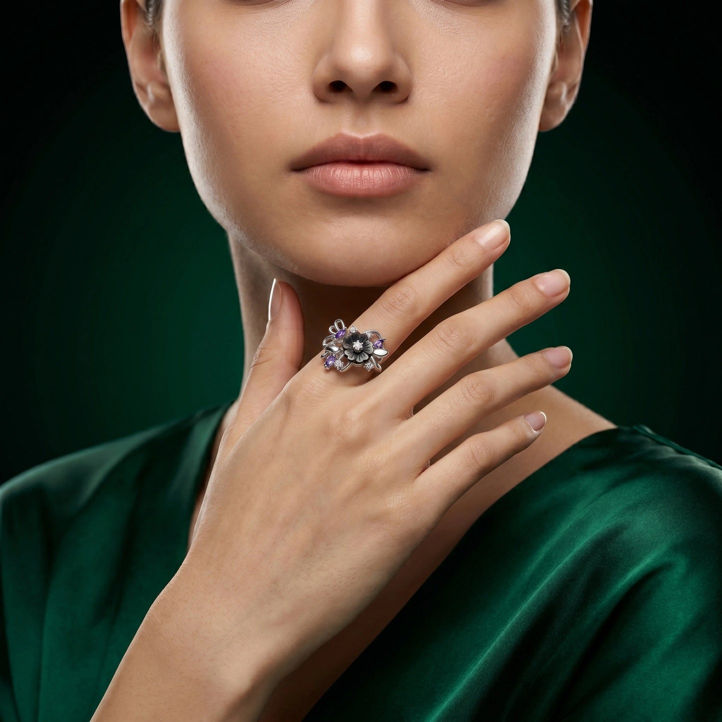 Midnight Bloom Silver Floral Ring image 1