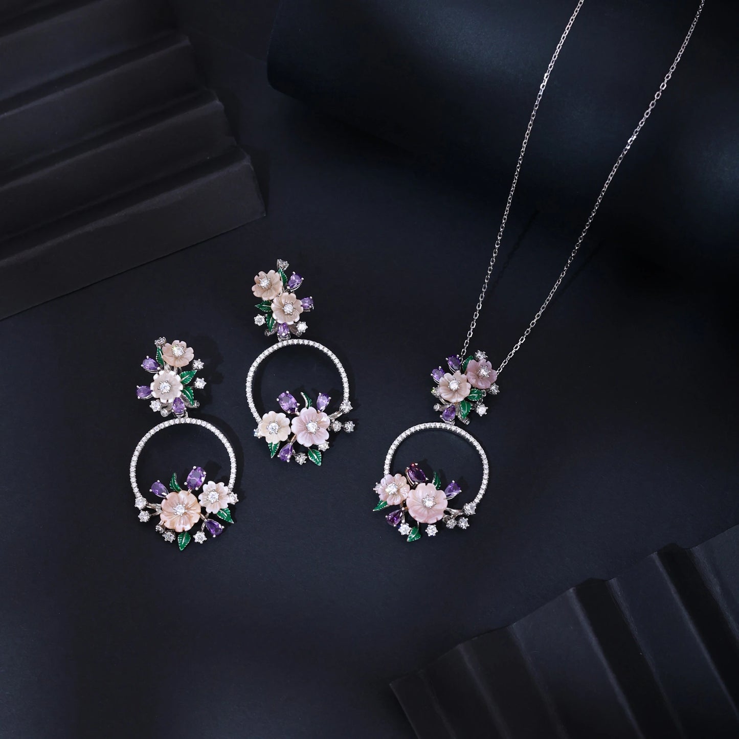 Peach Blossom Floral Silver Pendant Set with Earrings image 0