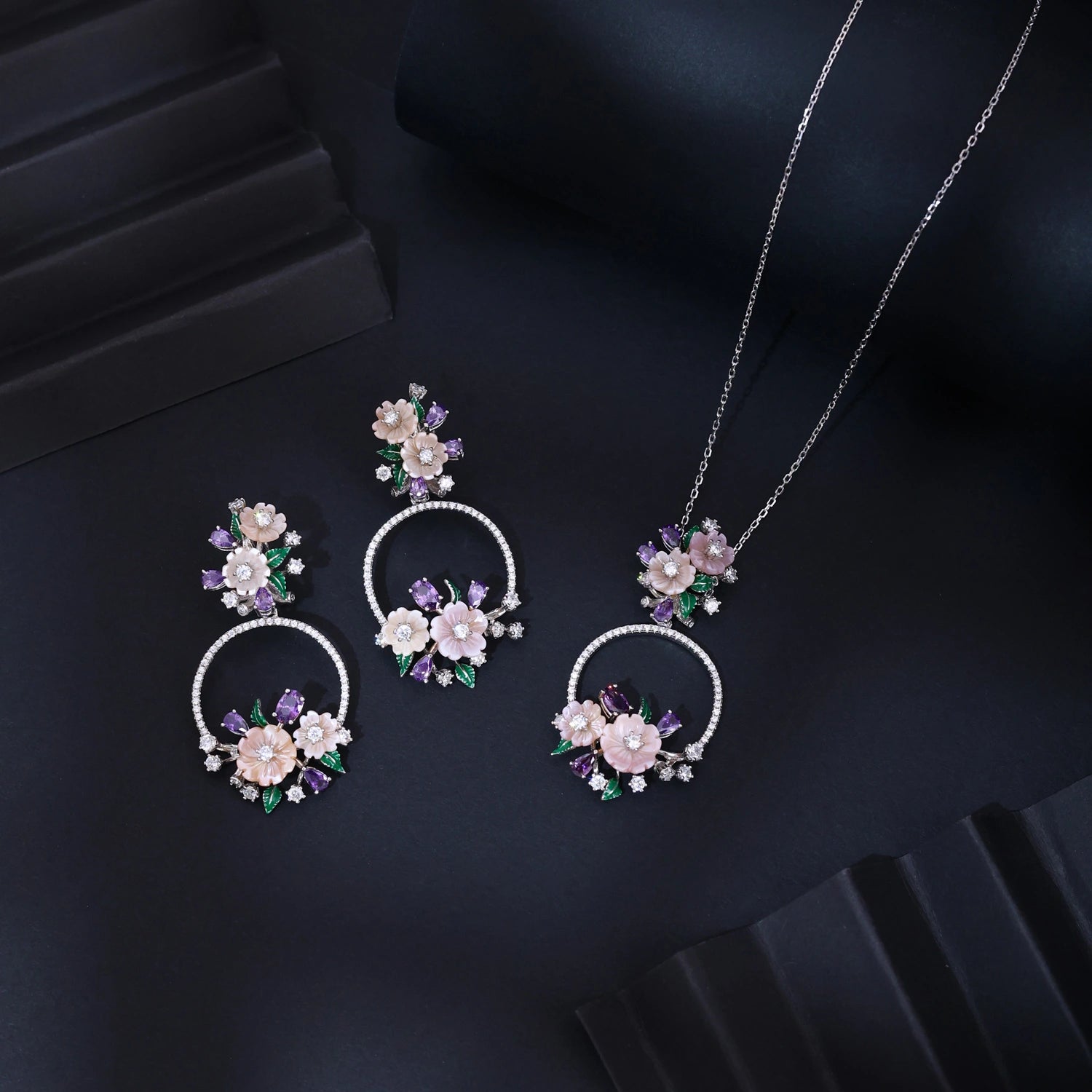 Peach Blossom Floral Silver Pendant Set with Earrings image 0