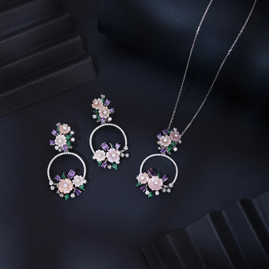 Peach Blossom Floral Silver Pendant Set with Earrings image 0