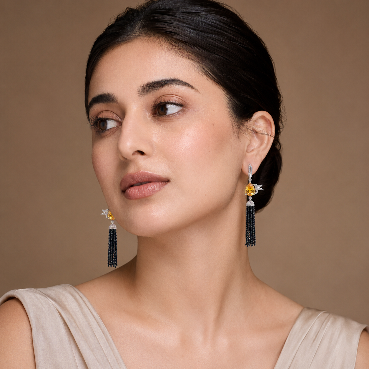 Golden Teardrop Black Tassel Earrings image 1