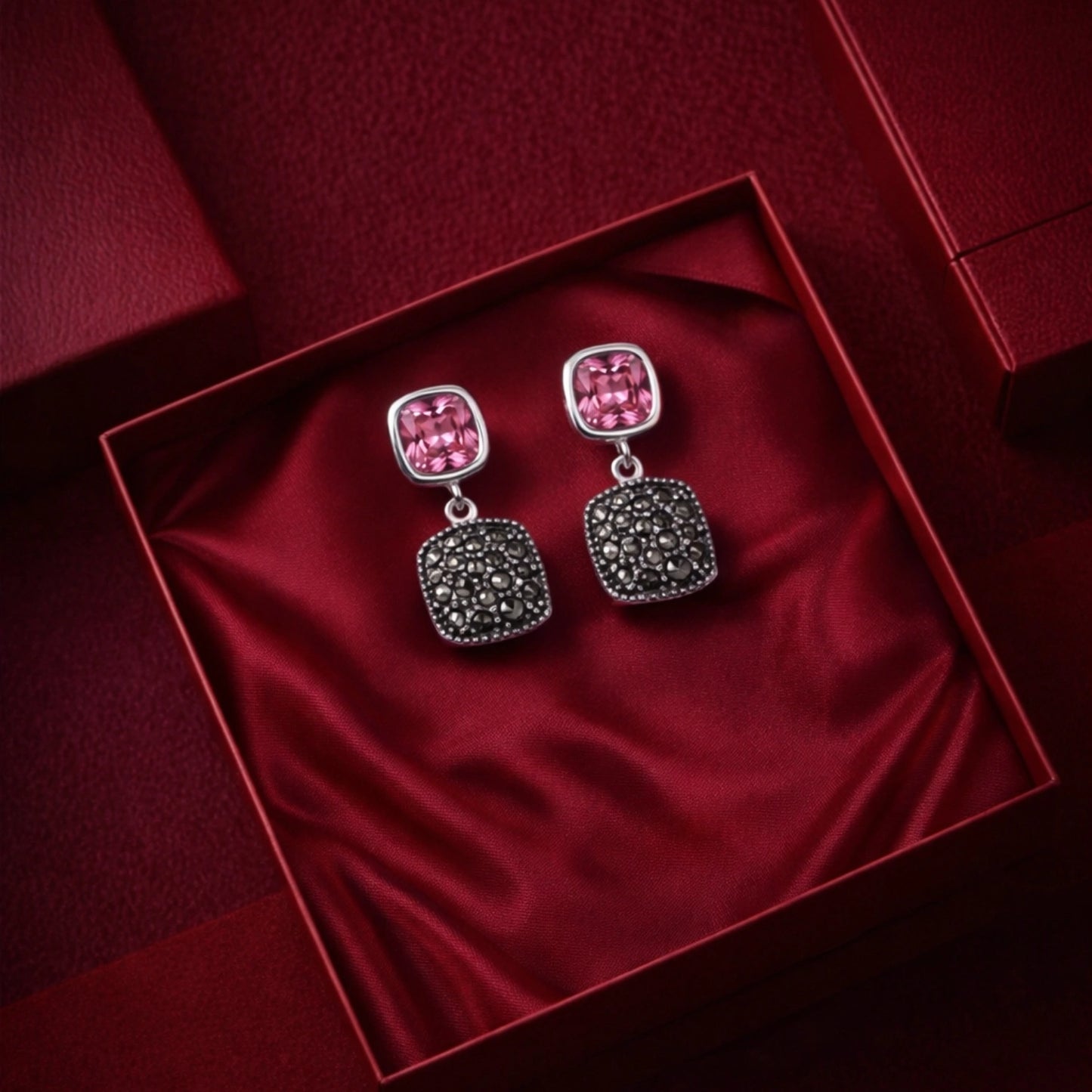 Pink Cushion Drop Marcasite Silver Earrings image 0