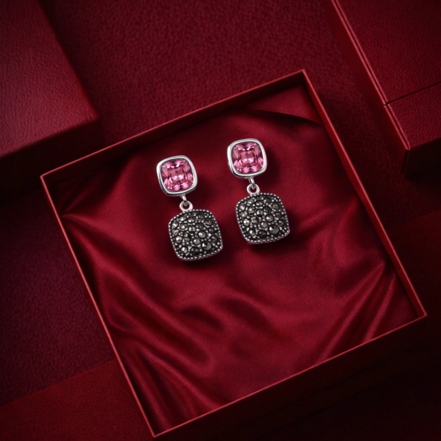 Pink Cushion Drop Marcasite Silver Earrings image 0