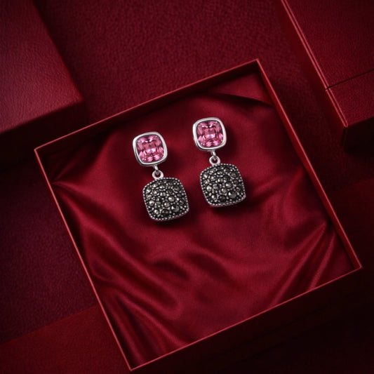 Pink Cushion Drop Marcasite Silver Earrings image 0